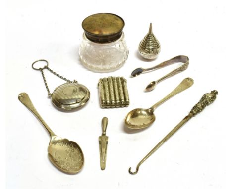 A COLLECTION OF VICTORIAN AND LAYER SMALL SILVER INCLUDING A FLUTED AND FOLIATE ENGRAVED VESTA/MATCH SAFE with the mark of Mi