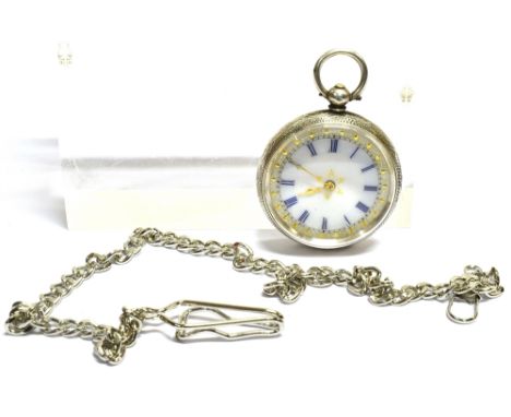 A LATE 19TH CENTURY SWISS SILVER OPEN FACE FOB WATCH with a key-wind three-quarter plate cylinder movement numbered 13057; wh