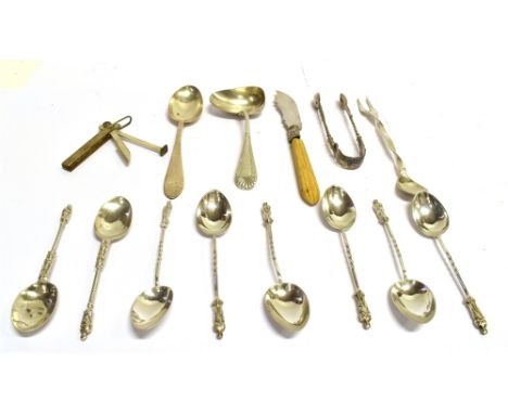 A COLLECTION OF MISCELLANEOUS SILVER SMALL FLATWARE  including an ivory handled butter knife; a set of six 'apostle' end teas