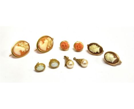 FIVE PAIRS OF VICTORIAN AND LATER EARRINGS INCLUDING A PAIR OF LATE VICTORIAN ROSE GOLD AND OVAL SHELL CAMEO EARRINGS each de