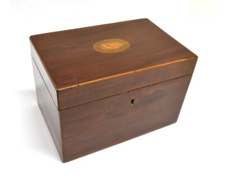 A MAHOGANY TEA CADDY  with boxwood stringing and marquetry shell inlay to top, 22.5cm wide 15cm high 15cm deep