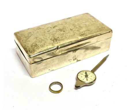 A SILVER MOUNTED RECTANGULAR CIGARETTE BOX AND OTHER ITEMS comprising; a cigarette box with rounded corners and a wood lining