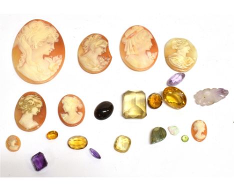 A COLLECTION OF MISCELLANEOUS LOOSE GEMSTONES, CAMEOS AND BEADS Including an oval facetted citrine approx. 18.6mm x 14.8mm x 