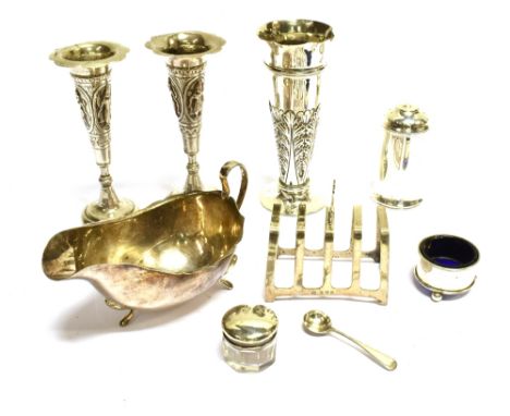 A COLLECTION OF SMALL SILVER INCLUDING A SAUCE BOAT with a shaped rim, a scroll handle and three pad feet, mark of Barker Ell