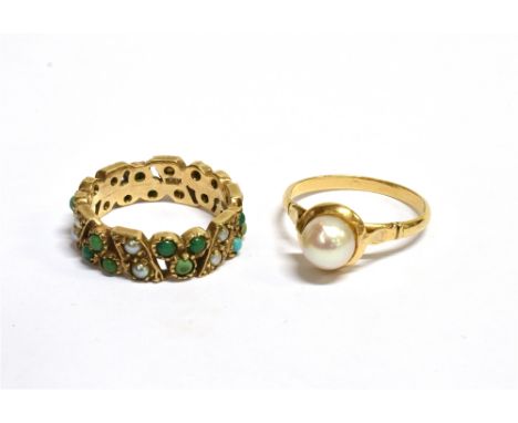 TWO VINTAGE GOLD AND CULTURED-PEARL RINGS comprising; a vintage 9ct gold, turquoise and half-pearl broad eternity ring of ope