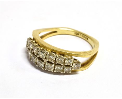 A VINTAGE 18CT GOLD AND DIAMOND TWO-ROW RING the 16 round brilliants approx. 0.96cts total, claw set in white between yellow 