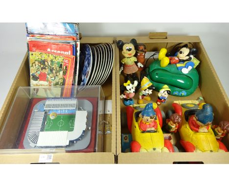 Mickey mouse telephone, vintage Noddy toys, replica of Main Road Stadium, Manchester City collectors plates, football program