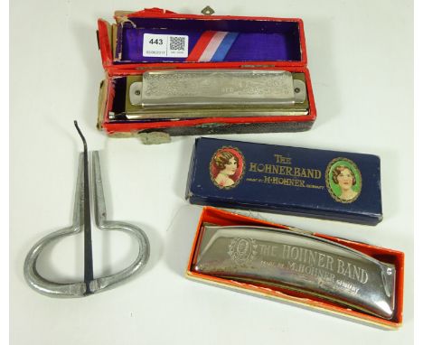 Early 20th Century Hohner Band harmonica, The Super Chromonica chromatic harmonica both in fitted cases and a mouth harp    C