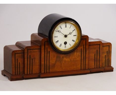 Late 19th century mahogany and ebonised staggered mantel clock, circular enamel dial, H18cm CLOCKS & BAROMETERS - as we are n