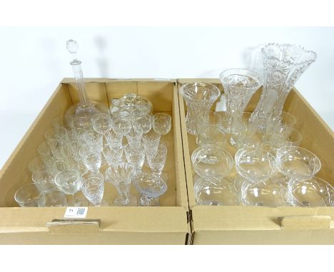 Three cut glass vases, a mallet shaped decanter, a large powder bowl and cover & a quantity of glasses in two boxes   Conditi