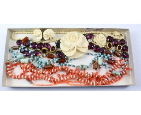 1920's carved ivory brooch, pair ear-rings pendant necklace, coral and pearl  and other vintage bead necklaces   Condition Re