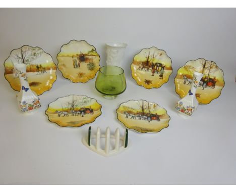 Set of six Royal Doulton Series ware plates, pr. of Aynsley vases, Carlton ware Toast Rack, Kaiser vase and a green glass bow