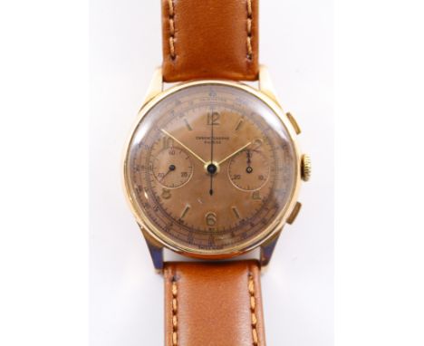 Chronographe Suisse vintage rose gold wristwatch, champagne dial with subsidiary seconds and minutes counters, inner metal du