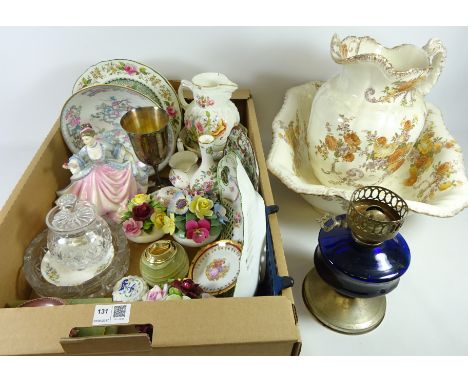 Victorian wash bowl and jug, Minton bowl, Royal Doulton figurine, oil lamp, other decorative ceramics and miscellanea in one 