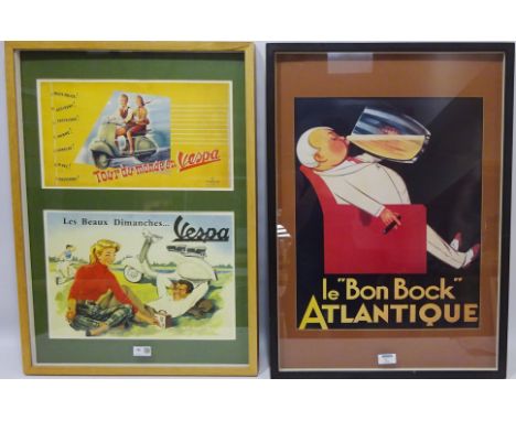 Vintage Retro Poster - Vespa Scooter adverts framed as one & Le ' Bon Bock' Atlantique 68cm x 48cm (2)   Condition Report   C