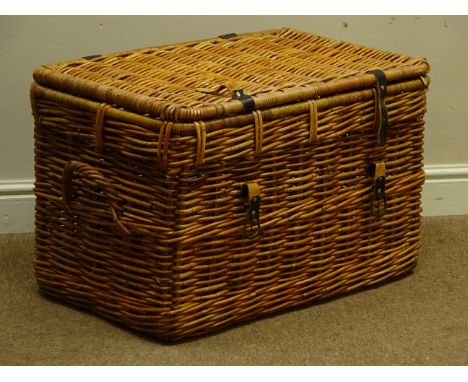 Large wicker trunk with hinged lid and carrying handles (W77cm), and three other wicker baskets   Condition Report   Click he