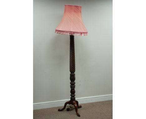 Early 20th century mahogany rope twist standard lamp with shade  (This item is PAT tested - 5 day warranty from date of sale)