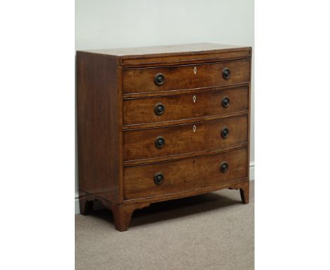 Early 19th century mahogany bow front chest, four graduating drawers, on bracket feet, W93cm, H95cm, D49cm   Condition Report