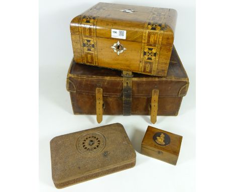 Small leather case, Victorian walnut Tunbridge ware box, carved Eastern box, Olive wood trinket box (4)   Condition Report   