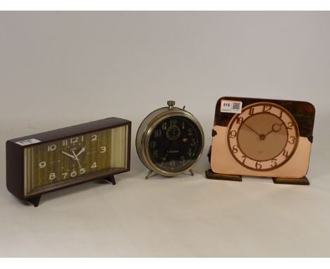 Art Deco period 'Smith Sectric' electric mantel clock with copper tinted glass, 'Coral' bakelite mantel clock and a 'Veglia' 