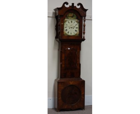 Victorian figured mahogany longcase clock, Yorkshire case, eight day movement striking on bell, enamel dial painted with Kirk