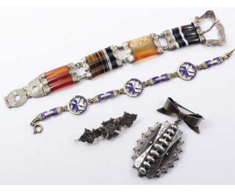 Scottish hardstone bracelet, blue and white enamel Maltese cross link bracelet, Victorian hallmarked silver brooch and one ot