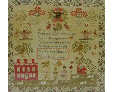 An early 19th century Sampler named and dated Sarah Stewart Hardmans Aged 7 1824, 41cm x 44cm   Condition Report  Overall dis