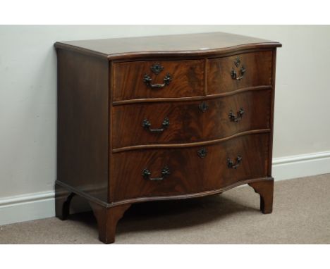 Early 20th century mahogany and mahogany banded serpentine chest, two short and two long drawers, bracket feet, W91cm, H80cm 