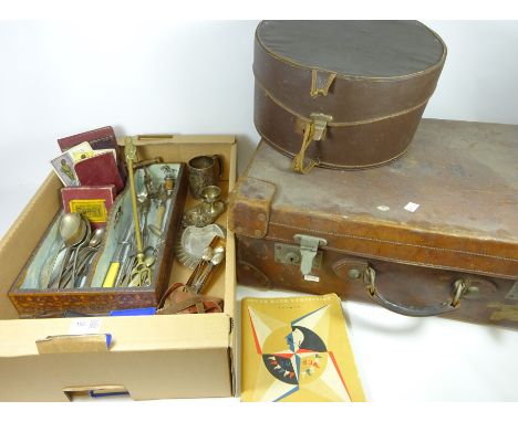 Silver plated cutlery, Vintage cameras, corkscrews, five hallmarked silver teaspoons and sugar tong, carved wood cutlery tray