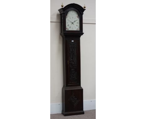 19th century carved oak longcase clock, 30-hour movement striking bell, painted enamel dial with date aperture, H233cm CLOCKS