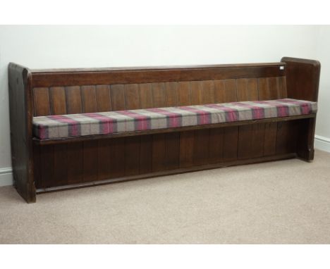 Late 19th century oak church pew with seat cushion upholstered in tartan, W247cm   Condition Report   Click here for further 