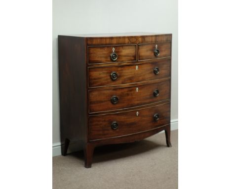 Georgian mahogany bow front chest, two short and three long drawers, splayed bracket feet, W102cm, H114cm, D53cm   Condition 