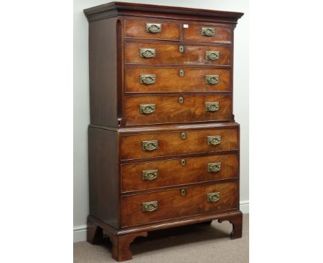 Georgian mahogany chest on chest, two short and six long drawers, fluted canted corners, dentil cornice and bracket feet, W11