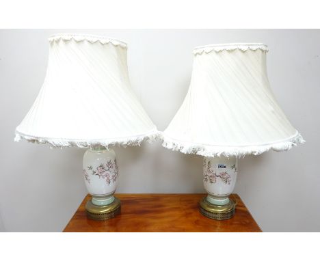 Pair of Continental porcelain table lamps on gilt metal base   (This item is PAT tested - 5 day warranty from date of sale)  