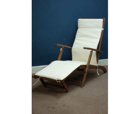 Teak steamer garden adjustable armchair with loose cushion   Condition Report   Click here for further images, condition, auc