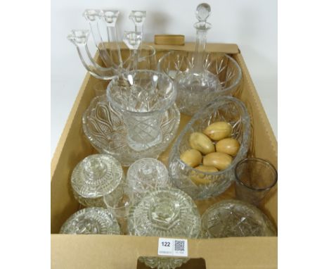 Heavy cut glass bow, Edinburgh crystal vase, three piece glass dressing table set, decanter and other glassware in one box   