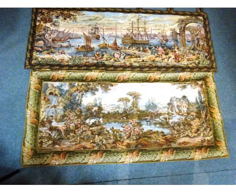 Two tapestry style wall hangings, rural landscape & a busy harbour scene 77cm x 200cm max (2)   Condition Report   Click here