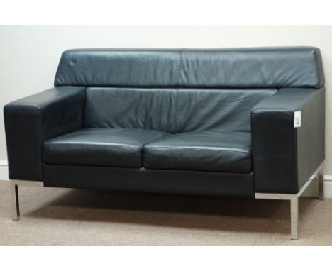 Two seat sofa upholstered in black leather, chrome 'L' bracket feet, W151cm   Condition Report   Click here for further image