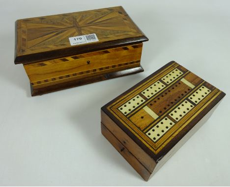 Victorian specimen Tunbridge ware jewellery box W18cm and a bone inlaid cribbage box (2)   Condition Report   Click here for 