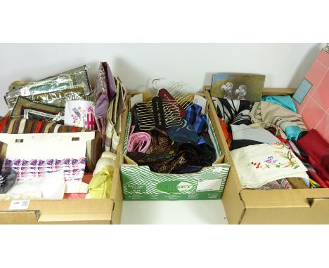 Silk scarves, linen, cushion covers, Vintage ties and other Vintage accessories in three boxes    Condition Report   Click he