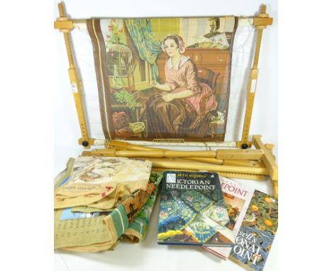 Floor standing tapestry frame, accessories and three embroidery and Needlework books    Condition Report   Click here for fur