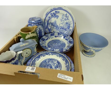 Spode 'Blue Room Collection' plates, Copeland Late Spode Diamond Jubilee jug, 1897 Wedgwood Jasperware pedestal bowl and cloc