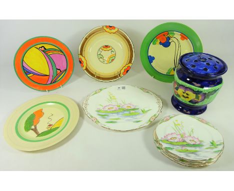 Paragon 'Water Lilly' pattern six piece sandwich set, four Clarice Cliff style tea plates and a Maling Ringtons posy vase    