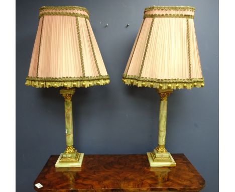 Pair of tall onyx and gilt metal Corinthian column table lamps   (This item is PAT tested - 5 day warranty from date of sale)