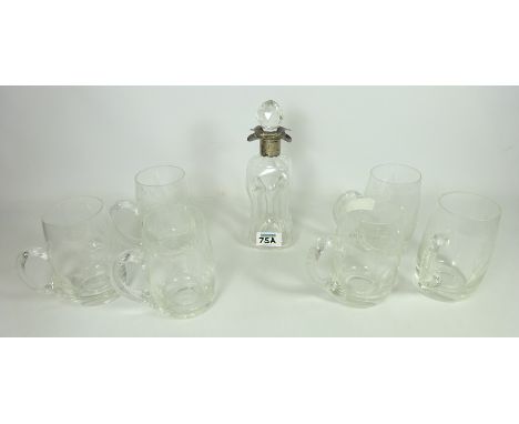 Hallmarked Silver mounted Glug decanter by James Deakin & Sons Ltd, 1896 and a set of six etched glasses (7)   Condition Repo