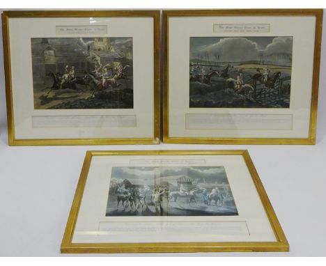 'The First Steeple-Chace on Record', three late 19th century republished hand coloured engravings after H Alken, engraved aft