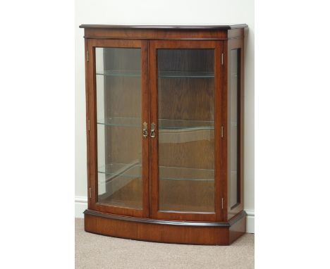 Reproduction walnut bow front display cabinet, bevelled glass, three adjustable shelves, W82cm, H108cm, D36cm   Condition Rep