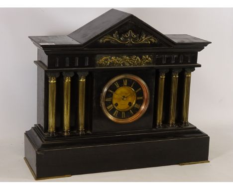 19th century large slate mantel clock, architectural case with triangular pediment, gilt metal mounts and Corinthian columns,