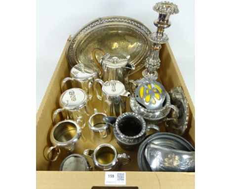 Edwardian silver plated fruit basket, silver plated tea sets, AA car badge, Sheffield plate candlestick and other metalware i