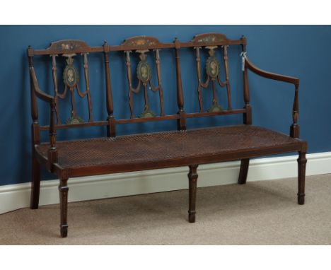 Edwardian inlaid mahogany settee, Neo classical style painting, cane seat with upholstered cushion, square tapering supports 